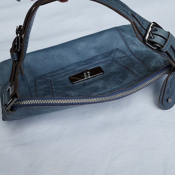 BCBGMAXAZRIA Shoulder Bag Women Blue Leather Buckle Strap Gunmetal Hardware - Picture 7 of 13